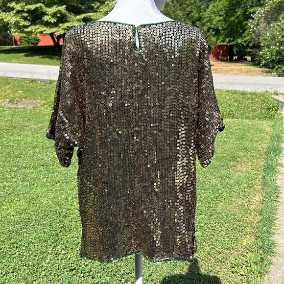 Large Vintage Elegance Anujan Gold/Green Sequin Blouse - Picture 6 of 10